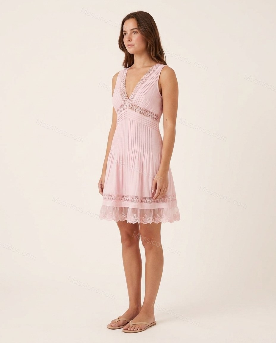 Pink Polished Eyelet Mini Dress Pink Mini Dress with Flowing silhouette and Textured texture, side or back garment view for Day-to-Night, a dinner reservation, Fall late-summer dinners, city weekends, and early-fall plans, US Coastal Glam by Massicos
