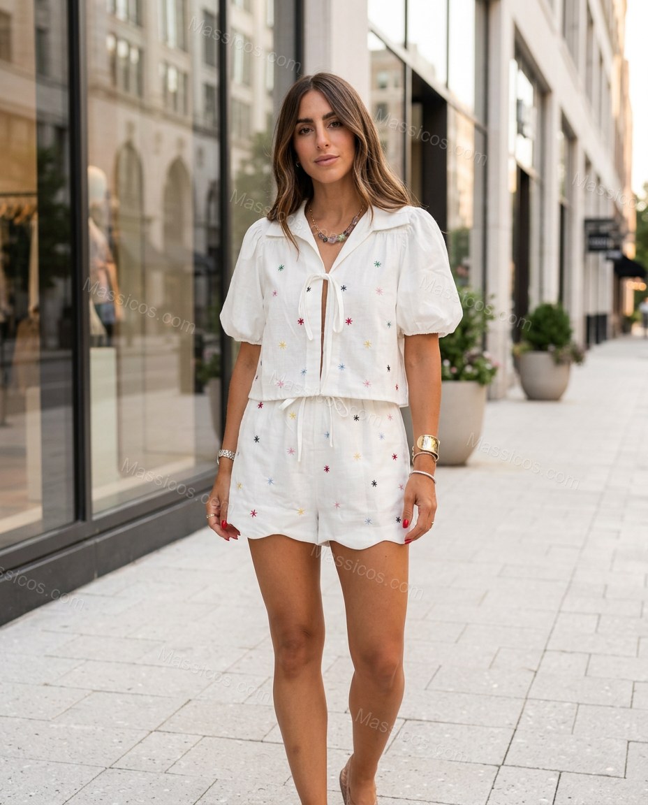 White Refined Embroidered Short Set by Massicos