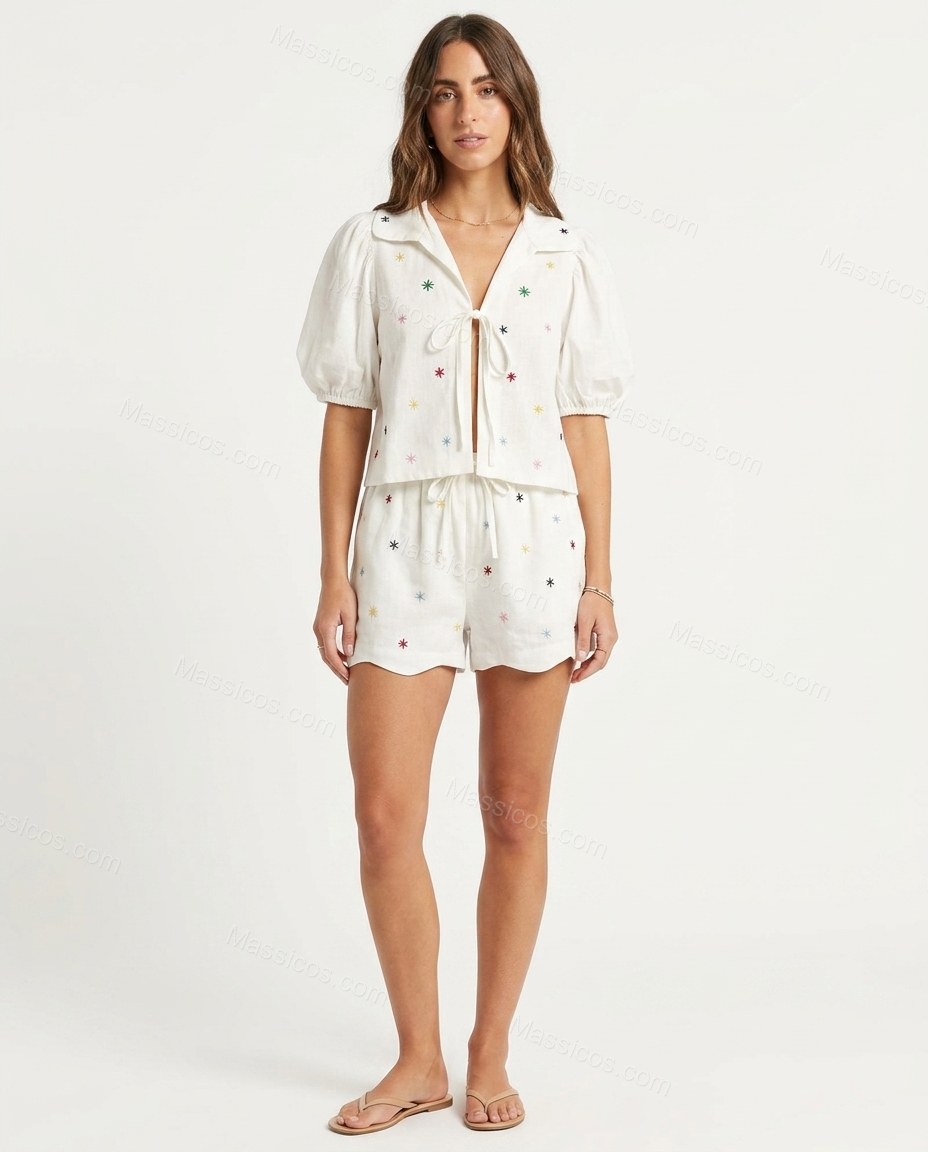 White Refined Embroidered Short Set by Massicos