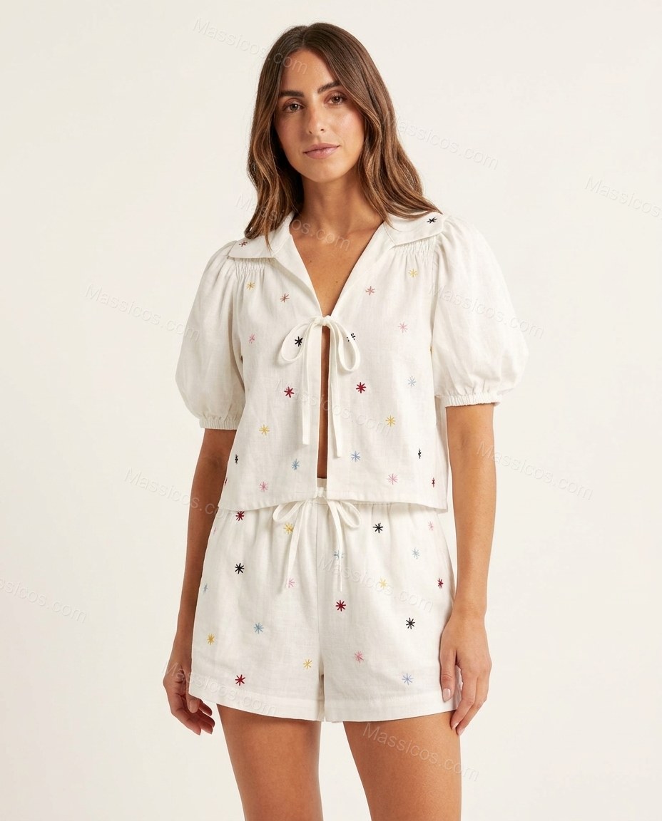 White Refined Embroidered Short Set by Massicos