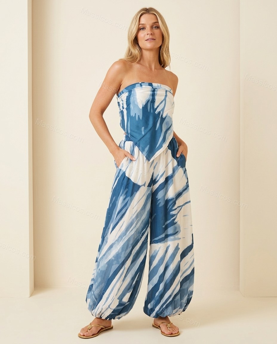 Blue City-Ready Printed Strapless Jumpsuit Blue Jumpsuit with Relaxed Fit silhouette and Textured texture, front view product image for Day-to-Night, a transitional city plan, Fall late-summer dinners, city weekends, and early-fall plans, US East / Hampto by Massicos