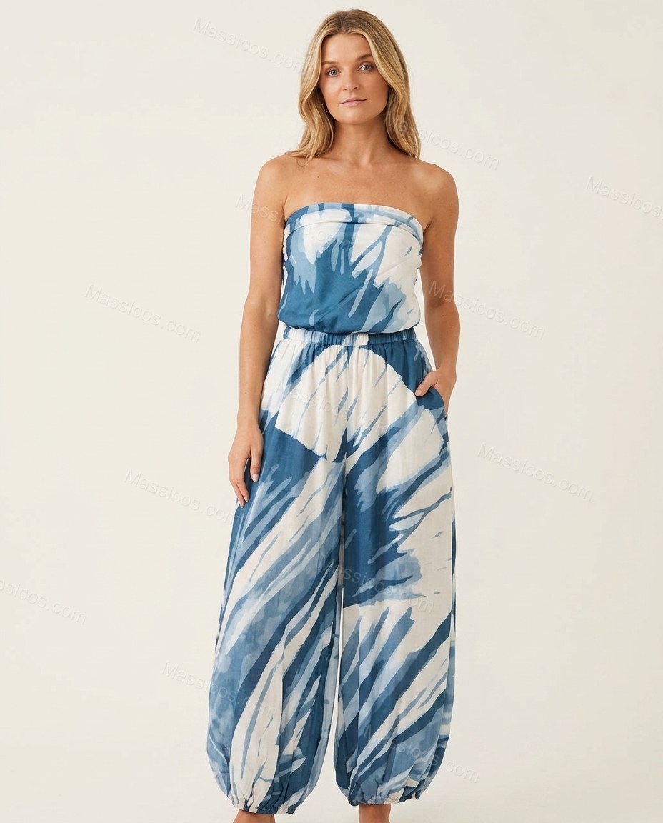 Blue City-Ready Printed Strapless Jumpsuit Blue Jumpsuit with Relaxed Fit silhouette and Textured texture, clean studio product view for Day-to-Night, a transitional city plan, Fall late-summer dinners, city weekends, and early-fall plans, US East / Hampt by Massicos