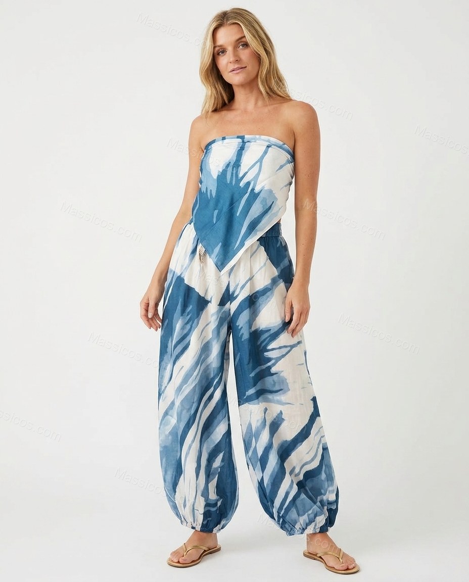 Blue City-Ready Printed Strapless Jumpsuit Blue Jumpsuit with Relaxed Fit silhouette and Textured texture, side or back garment view for Day-to-Night, a transitional city plan, Fall late-summer dinners, city weekends, and early-fall plans, US East / Hampt by Massicos