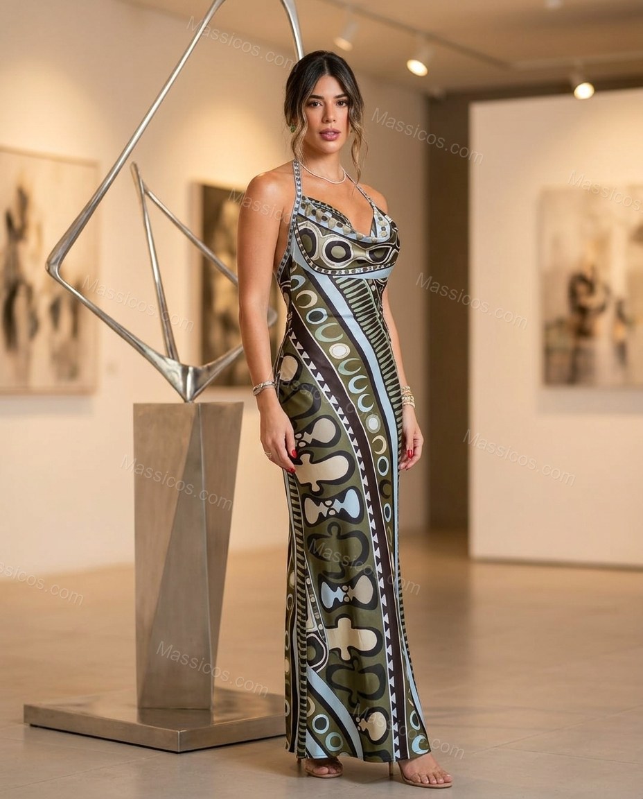 Olive Green Elevated Abstract Print Maxi Dress Olive Green Maxi Dress with Flowing silhouette and Textured texture, fabric and construction detail for Day-to-Night, a polished weekend event, Fall late-summer dinners, city weekends, and early-fall plans, U by Massicos