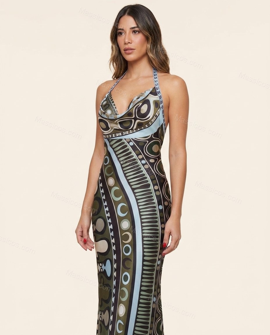Olive Green Elevated Abstract Print Maxi Dress Olive Green Maxi Dress with Flowing silhouette and Textured texture, side or back garment view for Day-to-Night, a polished weekend event, Fall late-summer dinners, city weekends, and early-fall plans, US Eas by Massicos