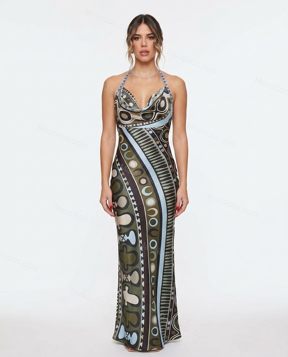 Olive Green Elevated Abstract Print Maxi Dress Olive Green Maxi Dress with Flowing silhouette and Textured texture, clean studio product view for Day-to-Night, a polished weekend event, Fall late-summer dinners, city weekends, and early-fall plans, US Eas by Massicos
