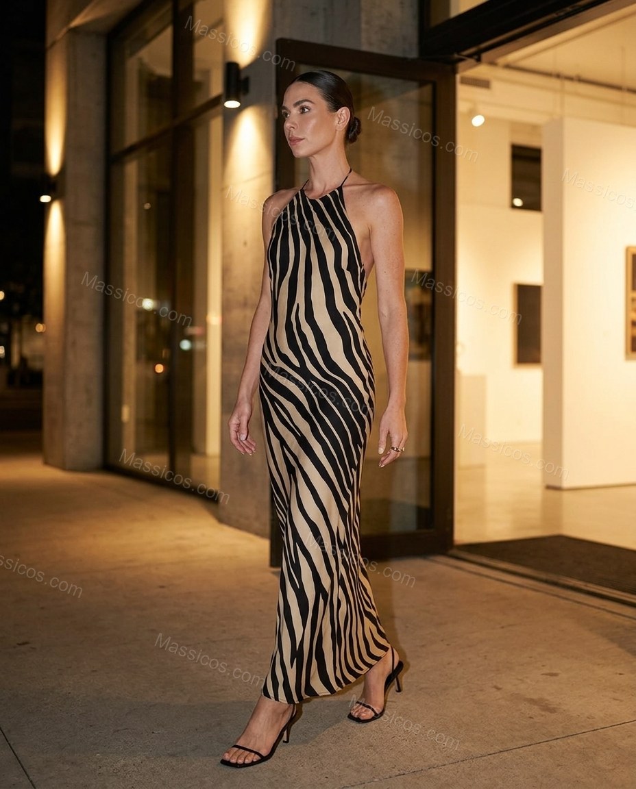 Beige Polished Zebra Print Maxi Dress Beige Maxi Dress with Flowing silhouette and Textured texture, fabric and construction detail for Day-to-Night, a transitional city plan, Fall late-summer dinners, city weekends, and early-fall plans, US Coastal Glam by Massicos