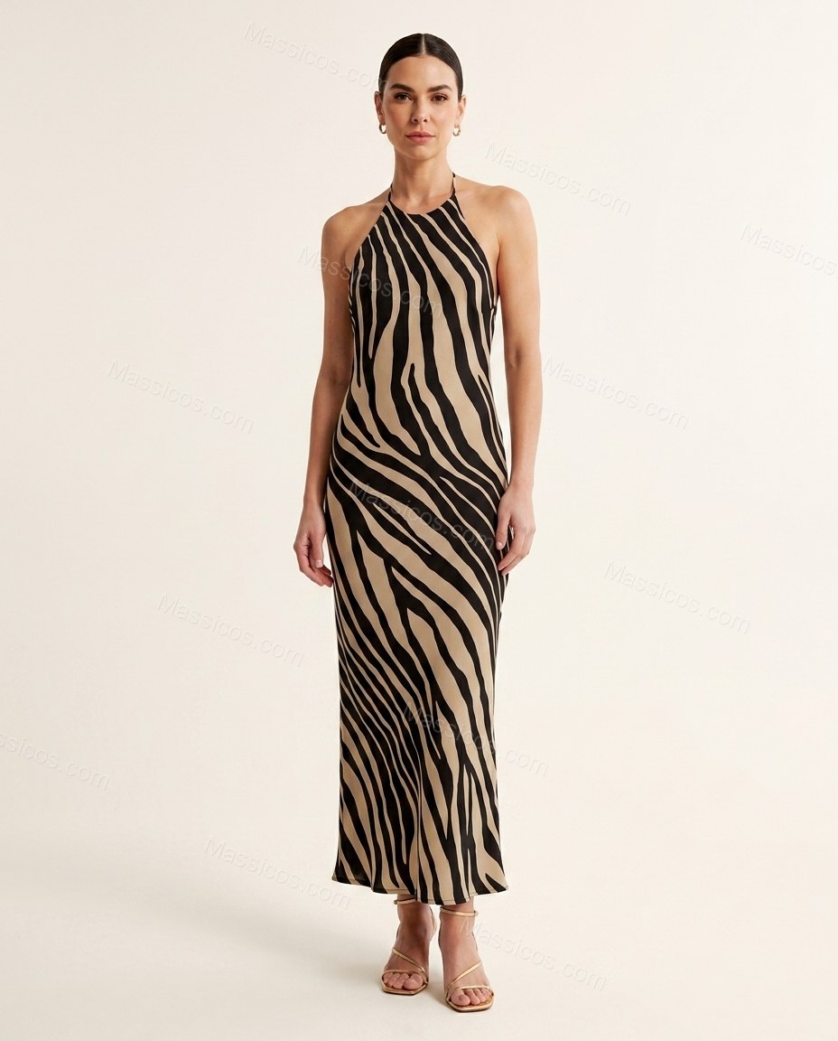 Beige Polished Zebra Print Maxi Dress Beige Maxi Dress with Flowing silhouette and Textured texture, clean studio product view for Day-to-Night, a transitional city plan, Fall late-summer dinners, city weekends, and early-fall plans, US Coastal Glam by Massicos