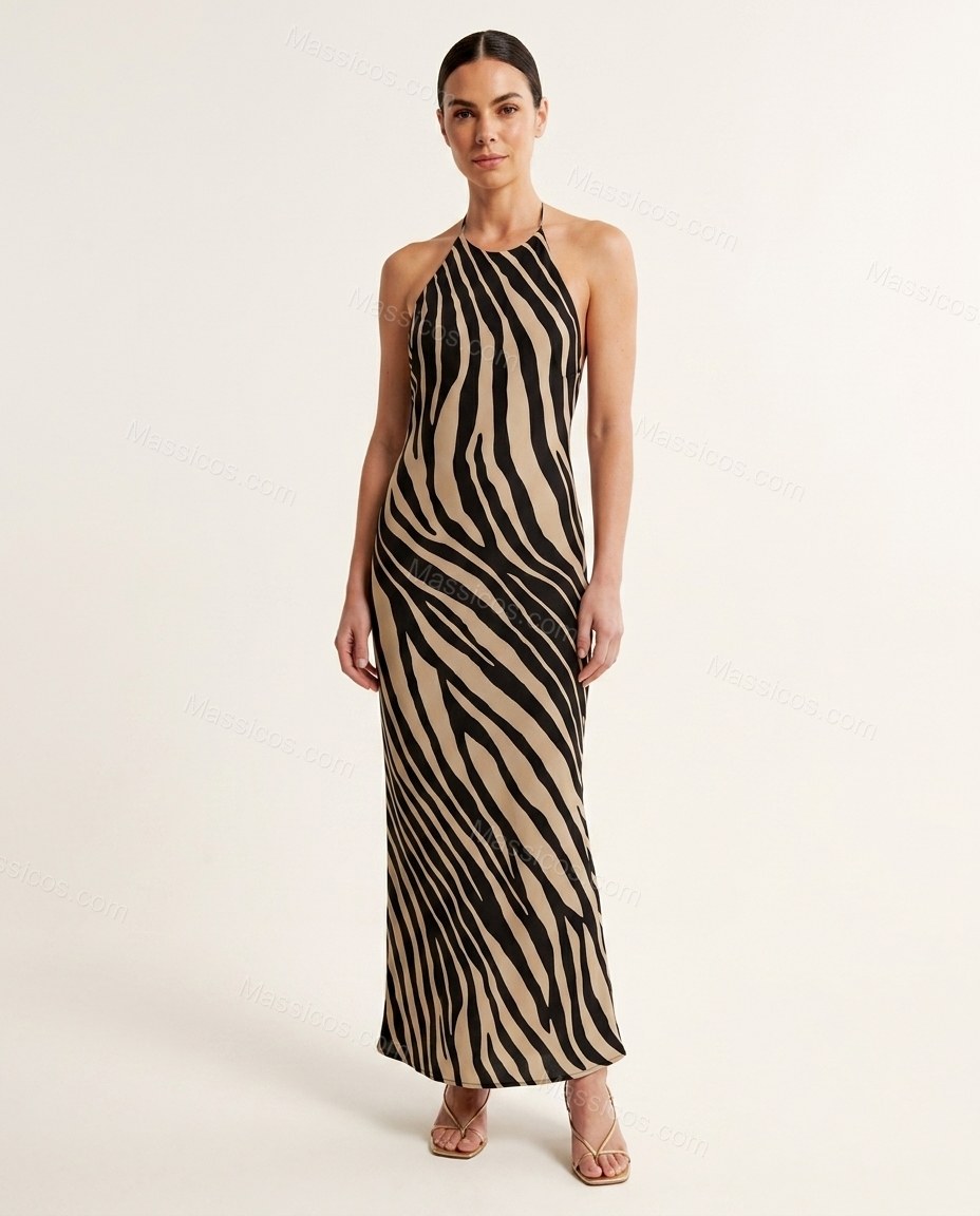 Beige Polished Zebra Print Maxi Dress Beige Maxi Dress with Flowing silhouette and Textured texture, side or back garment view for Day-to-Night, a transitional city plan, Fall late-summer dinners, city weekends, and early-fall plans, US Coastal Glam by Massicos