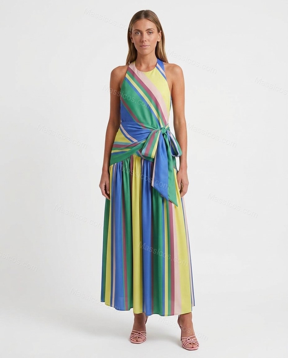 Green Refined Striped Maxi Dress Green Maxi Dress with Flowing silhouette and Textured texture, front view product image for Day-to-Night, a dinner reservation, Fall late-summer dinners, city weekends, and early-fall plans, US Coastal Glam by Massicos
