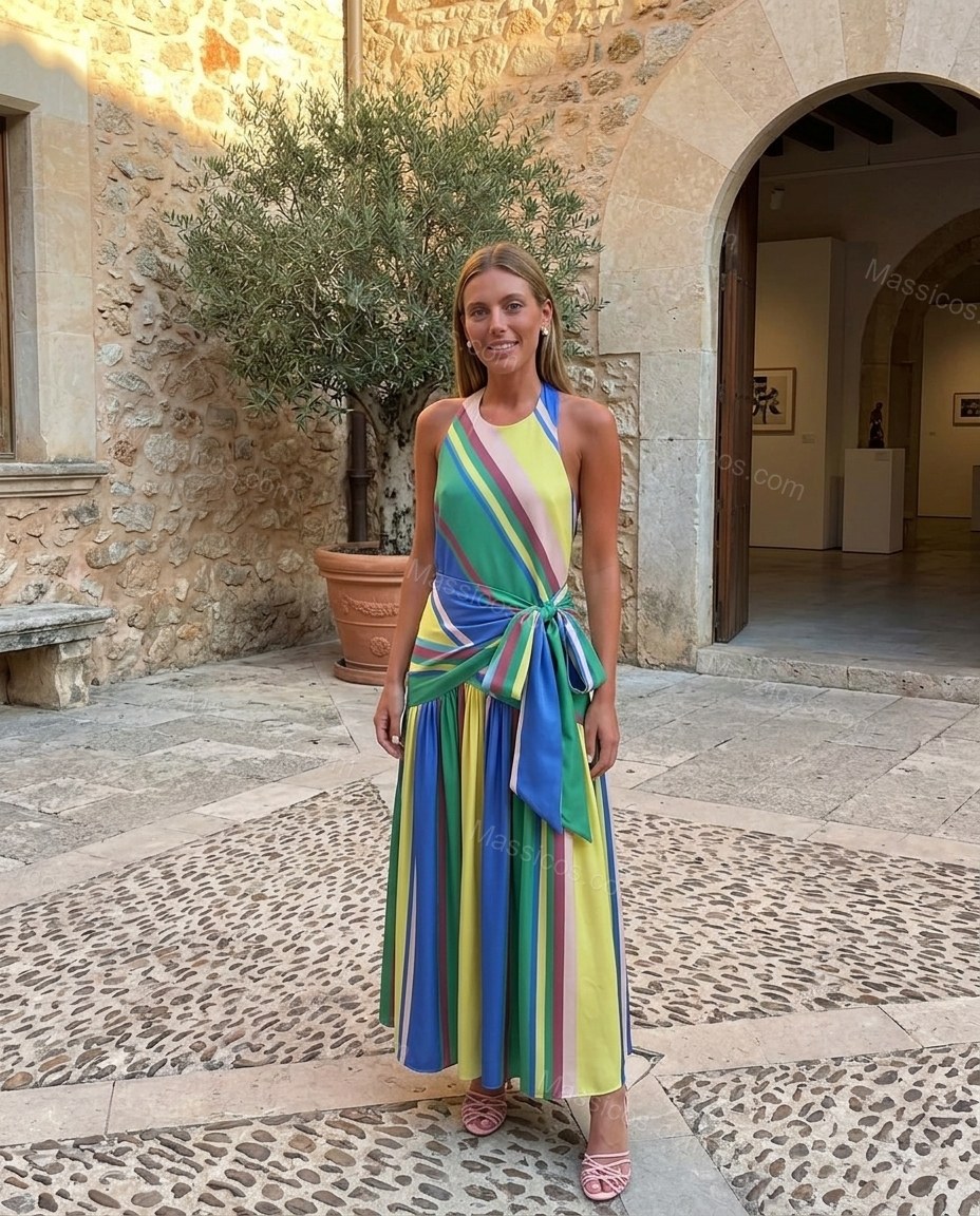 Green Refined Striped Maxi Dress Green Maxi Dress with Flowing silhouette and Textured texture, lifestyle scene image for Day-to-Night, a dinner reservation, Fall late-summer dinners, city weekends, and early-fall plans, US Coastal Glam by Massicos