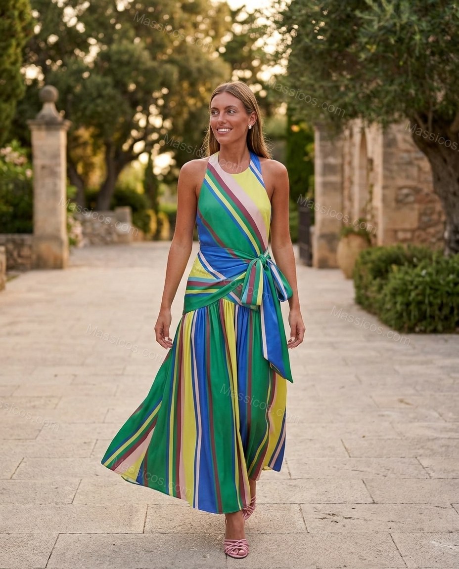 Green Refined Striped Maxi Dress Green Maxi Dress with Flowing silhouette and Textured texture, outdoor styling image for Day-to-Night, a dinner reservation, Fall late-summer dinners, city weekends, and early-fall plans, US Coastal Glam by Massicos
