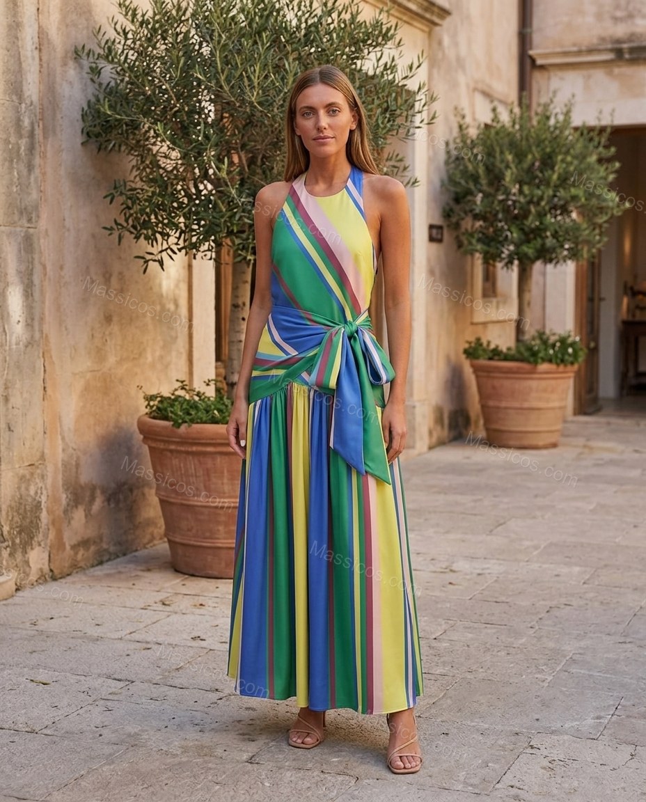 Green Refined Striped Maxi Dress Green Maxi Dress with Flowing silhouette and Textured texture, fabric and construction detail for Day-to-Night, a dinner reservation, Fall late-summer dinners, city weekends, and early-fall plans, US Coastal Glam by Massicos