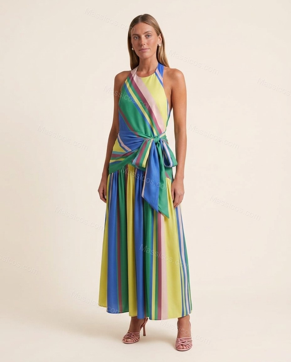 Green Refined Striped Maxi Dress Green Maxi Dress with Flowing silhouette and Textured texture, clean studio product view for Day-to-Night, a dinner reservation, Fall late-summer dinners, city weekends, and early-fall plans, US Coastal Glam by Massicos