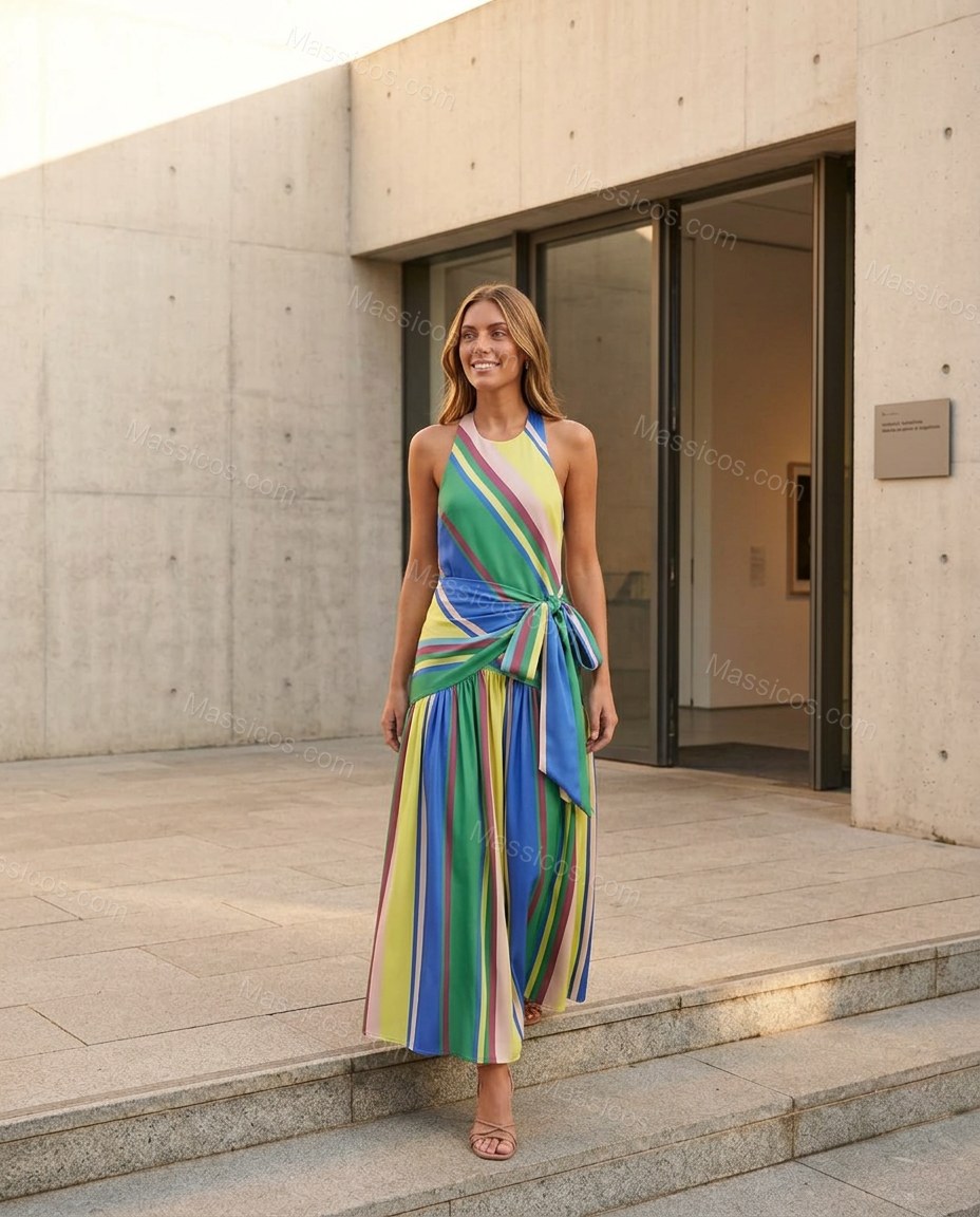 Green Refined Striped Maxi Dress Green Maxi Dress with Flowing silhouette and Textured texture, editorial ecommerce scene for Day-to-Night, a dinner reservation, Fall late-summer dinners, city weekends, and early-fall plans, US Coastal Glam by Massicos