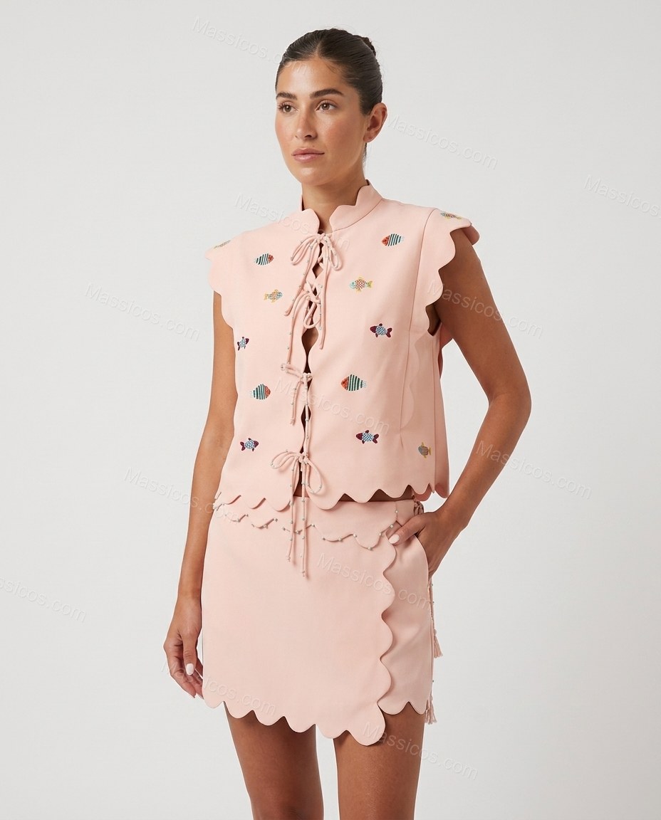 Pink Soft Embroidered Skirt Set by Massicos