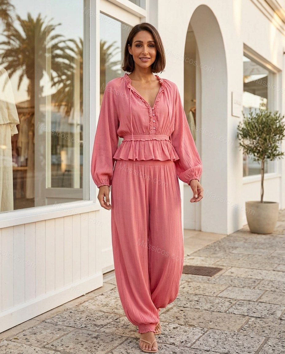 Coral Soft Smocked Pant Set by Massicos