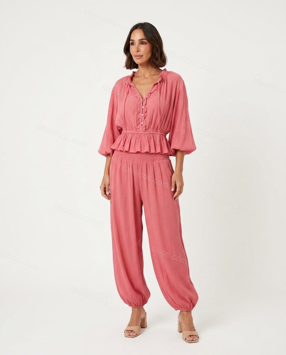 Coral Soft Smocked Pant Set by Massicos