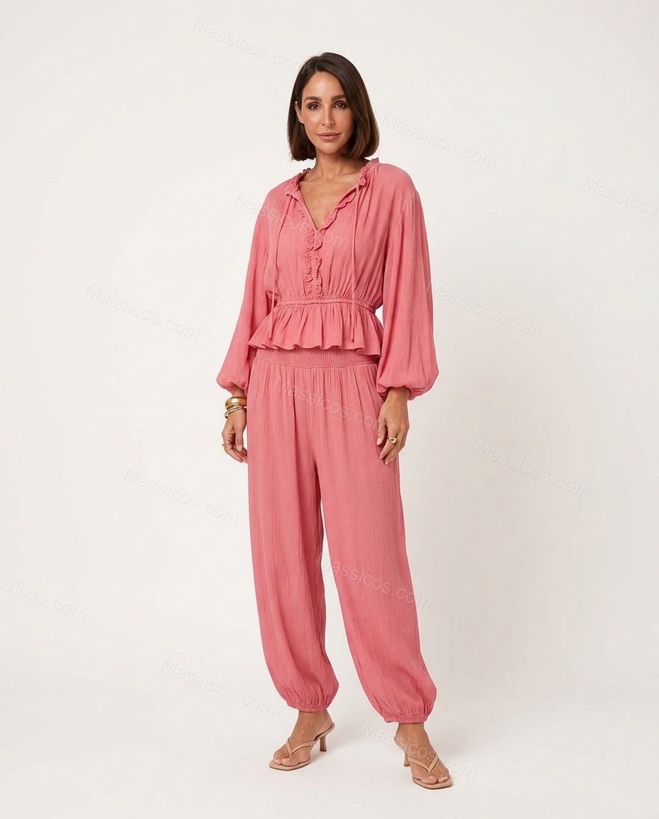 Coral Soft Smocked Pant Set by Massicos