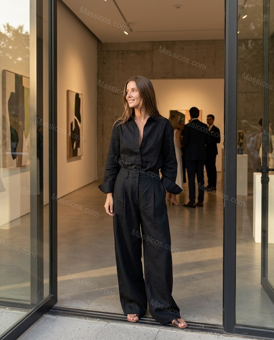Black Romantic Pleated Wide-Leg Jumpsuit by Massicos