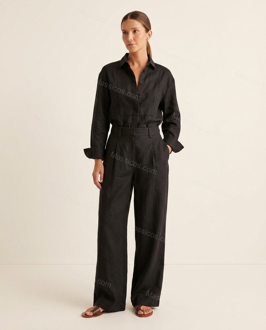 Black Romantic Pleated Wide-Leg Jumpsuit by Massicos