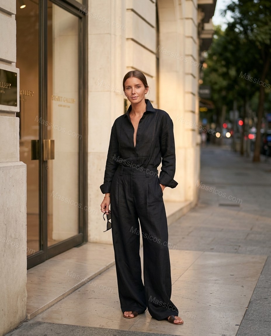 Black Romantic Pleated Wide-Leg Jumpsuit by Massicos