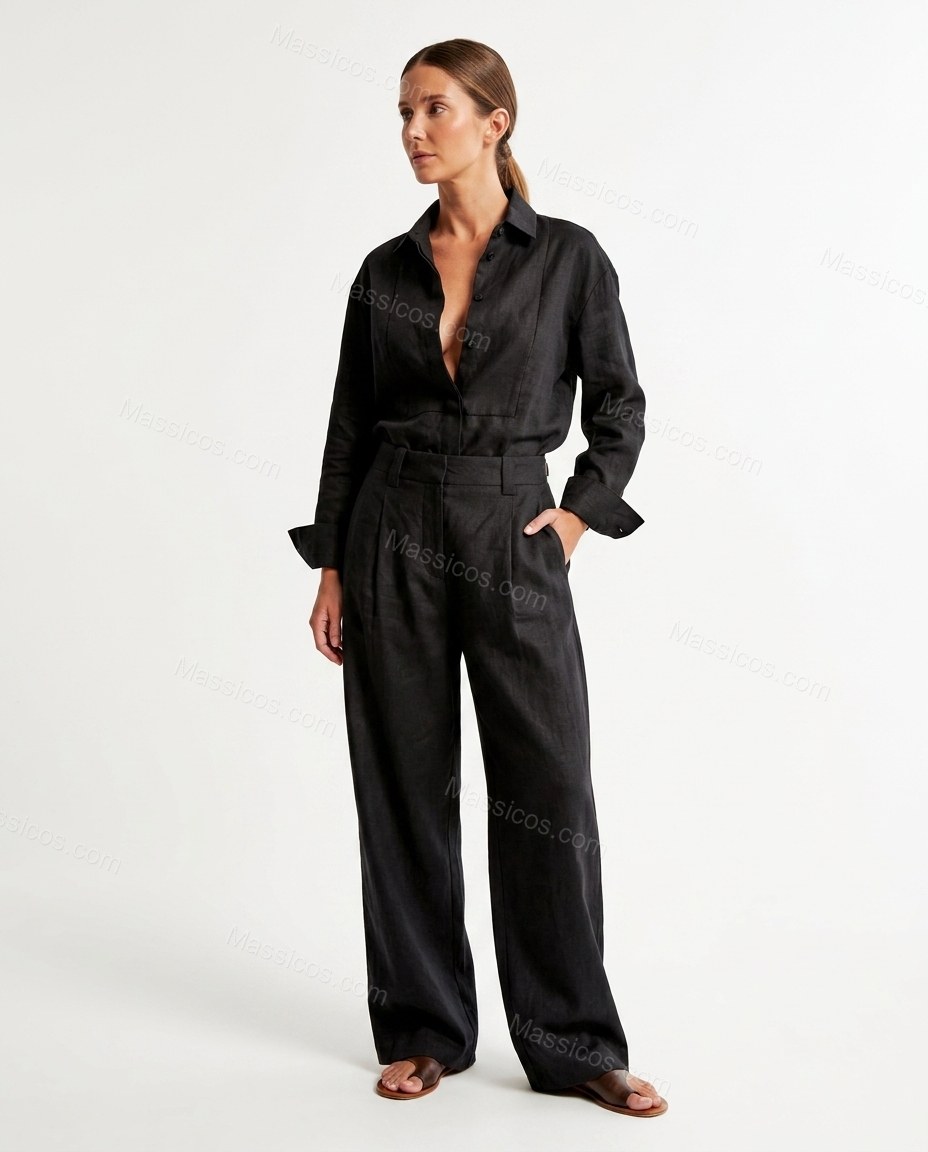 Black Romantic Pleated Wide-Leg Jumpsuit by Massicos