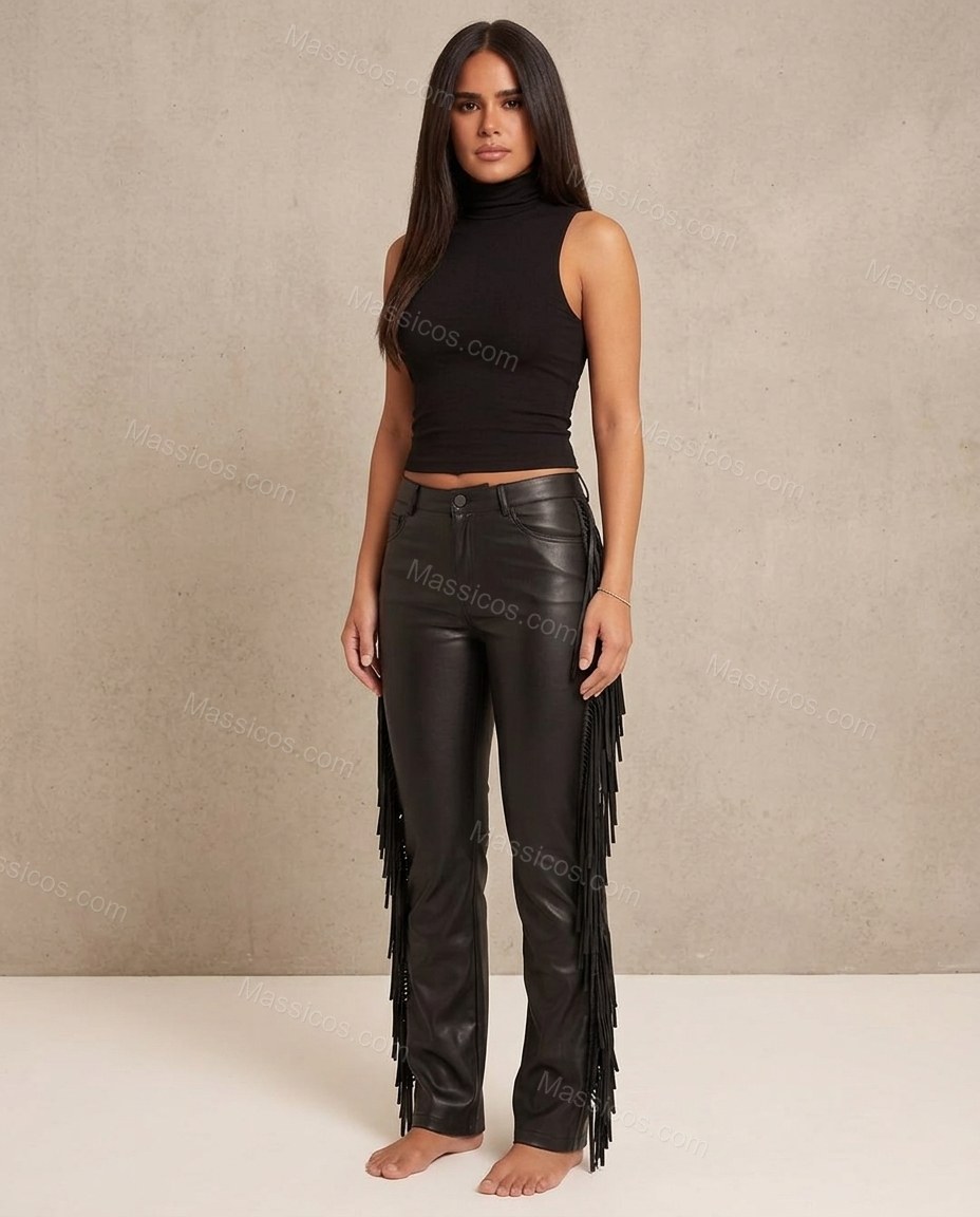 Black Polished Fringe Pants by Massicos