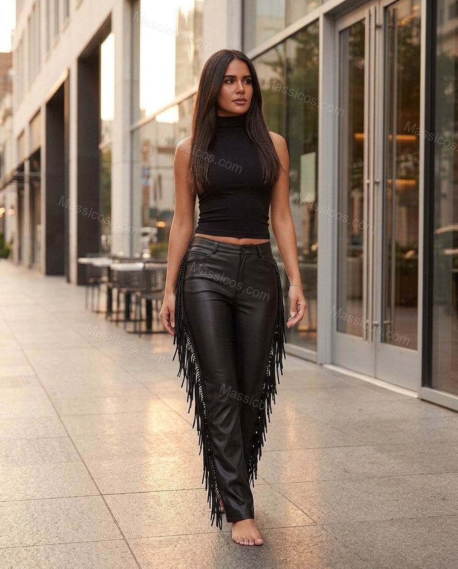 Black Polished Fringe Pants by Massicos