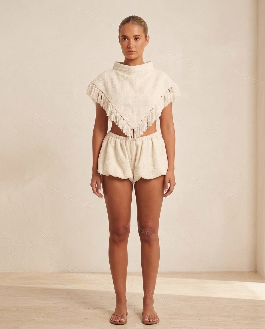 Cream Elevated Fringe Short Set by Massicos