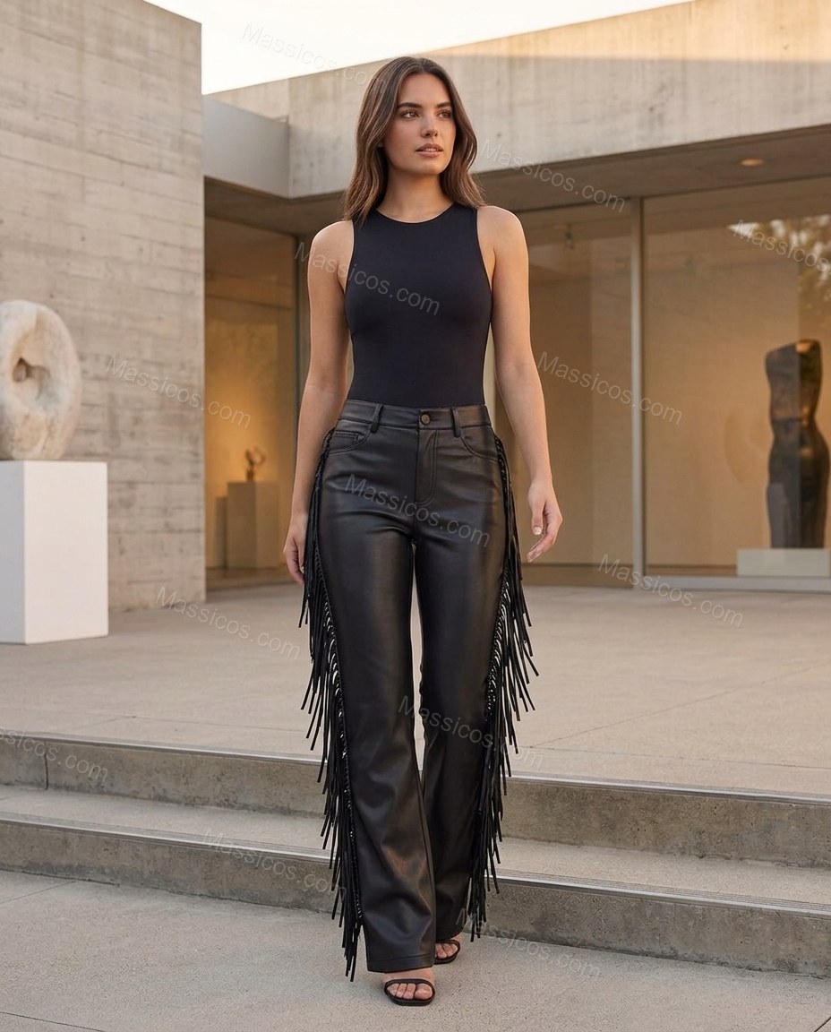 Black Polished Fringe Pants by Massicos