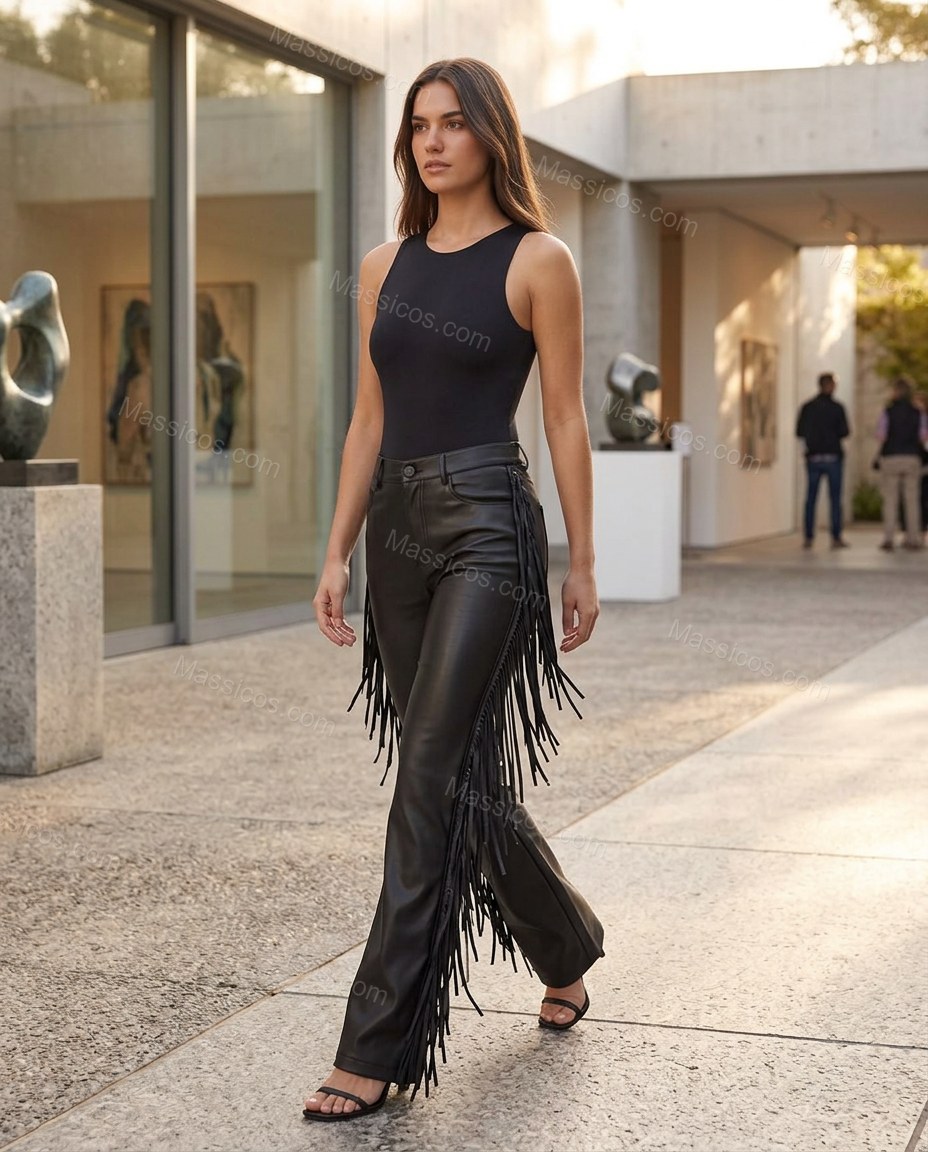 Black Polished Fringe Pants by Massicos
