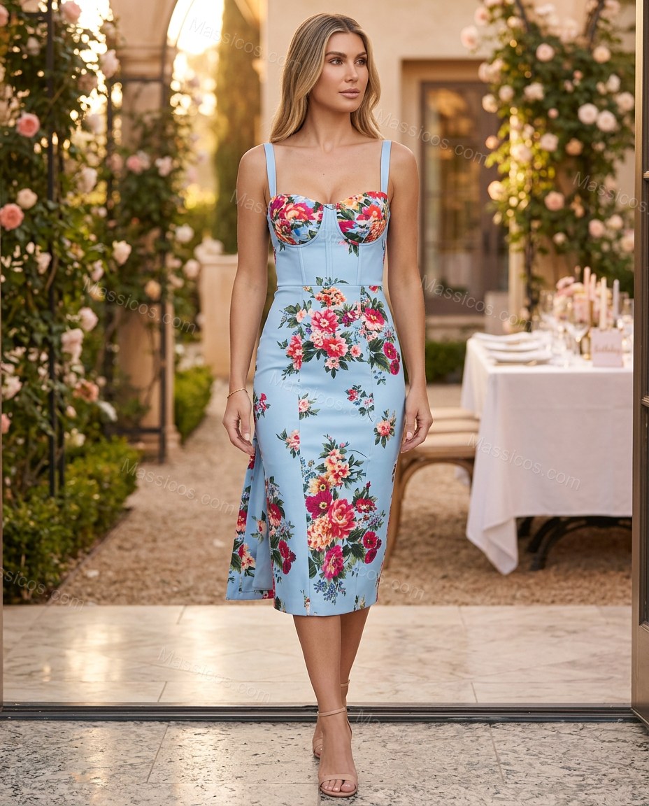 Light Blue Sunlit Floral Midi Dress by Massicos