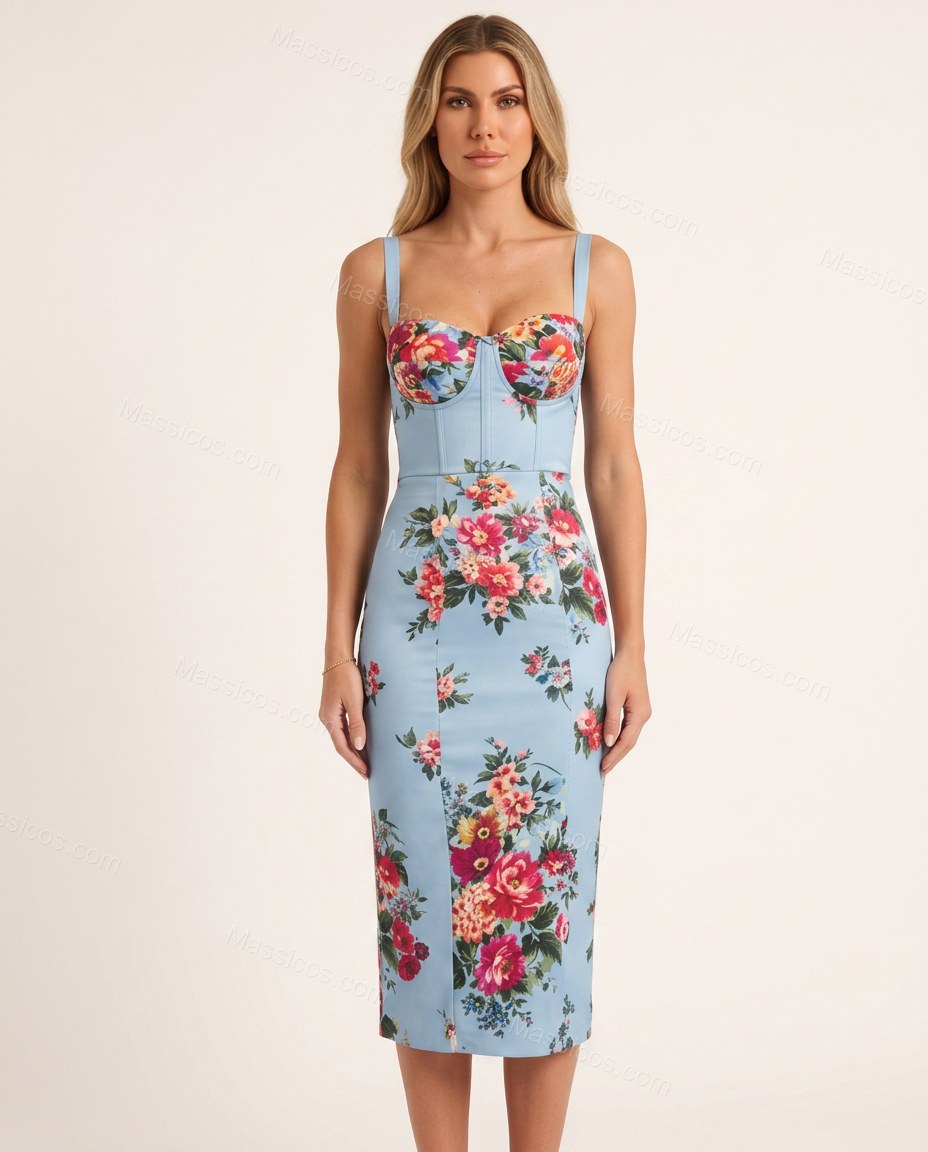 Light Blue Sunlit Floral Midi Dress by Massicos