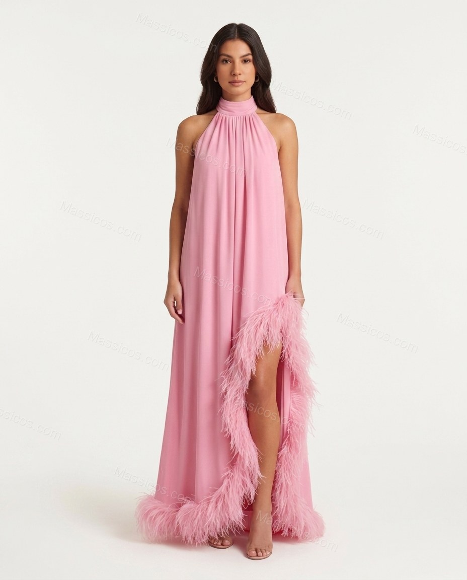 Pink Effortless Feather-Trim Maxi Dress by Massicos