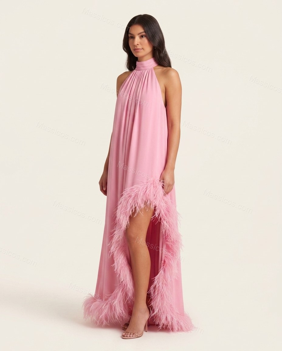 Pink Effortless Feather-Trim Maxi Dress by Massicos