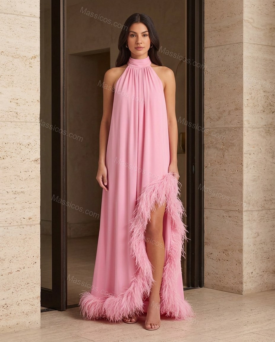 Pink Effortless Feather-Trim Maxi Dress by Massicos