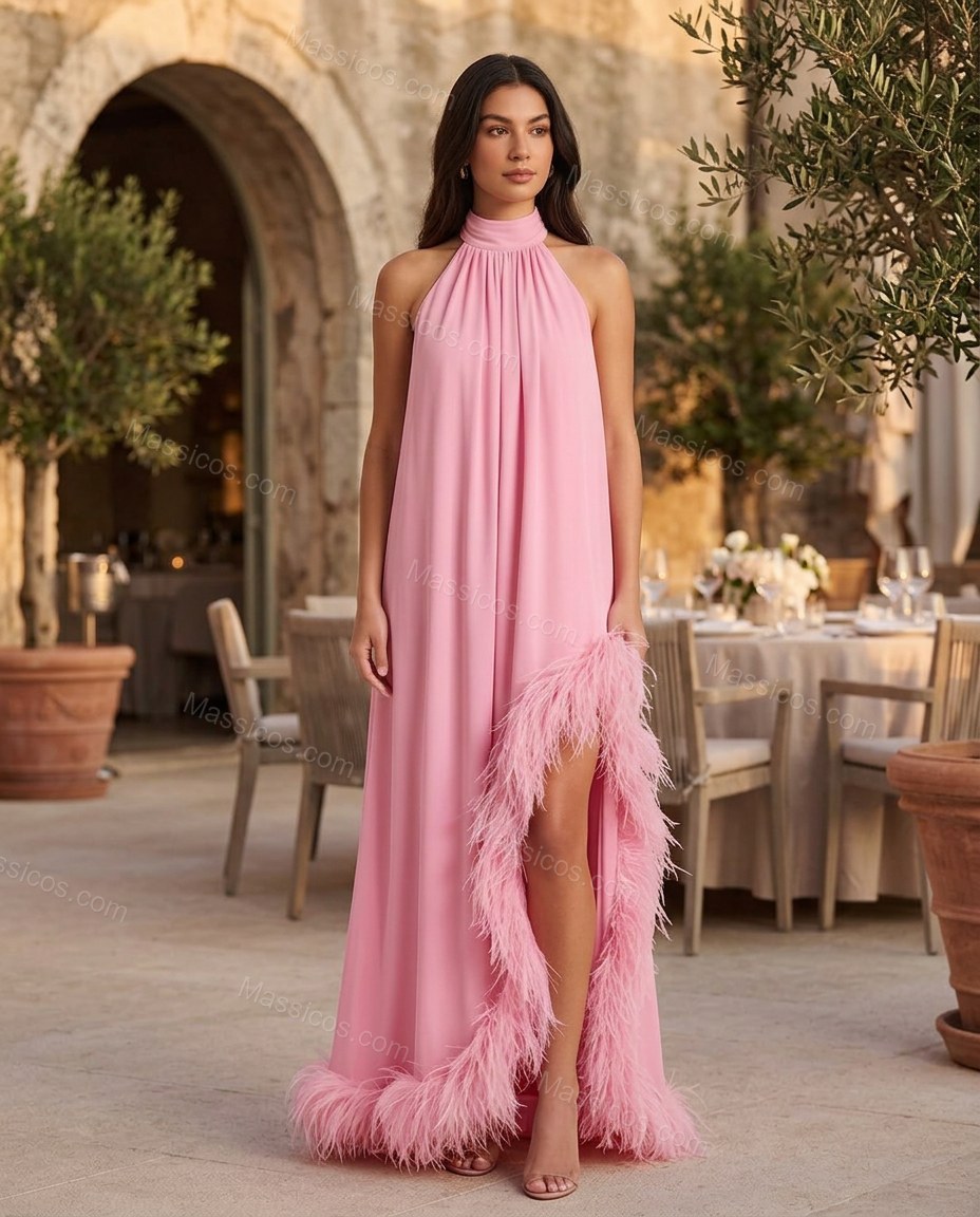 Pink Effortless Feather-Trim Maxi Dress by Massicos