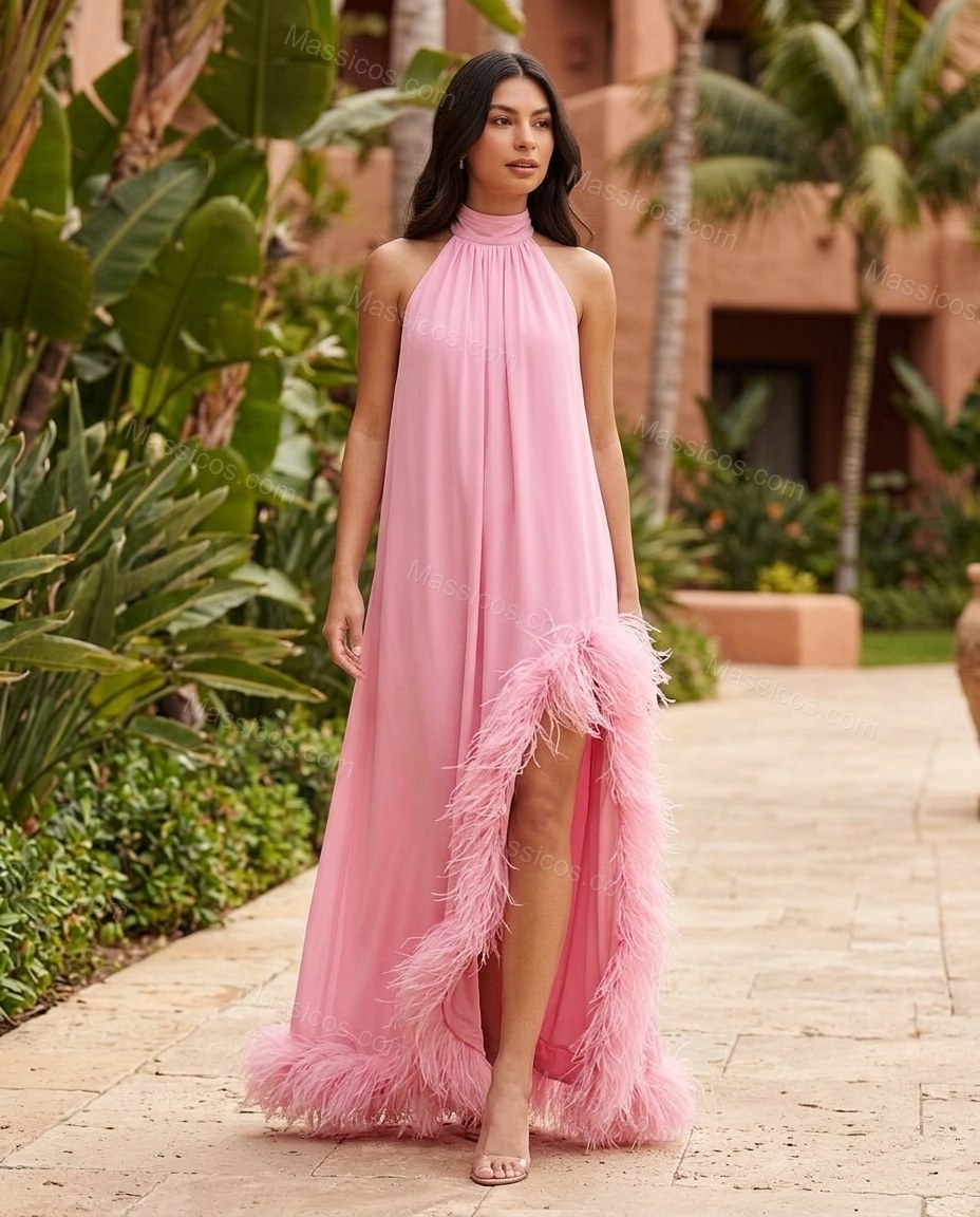 Pink Effortless Feather-Trim Maxi Dress by Massicos