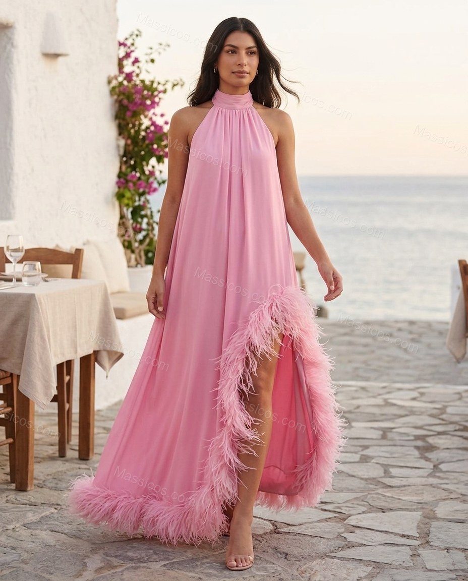 Pink Effortless Feather-Trim Maxi Dress by Massicos