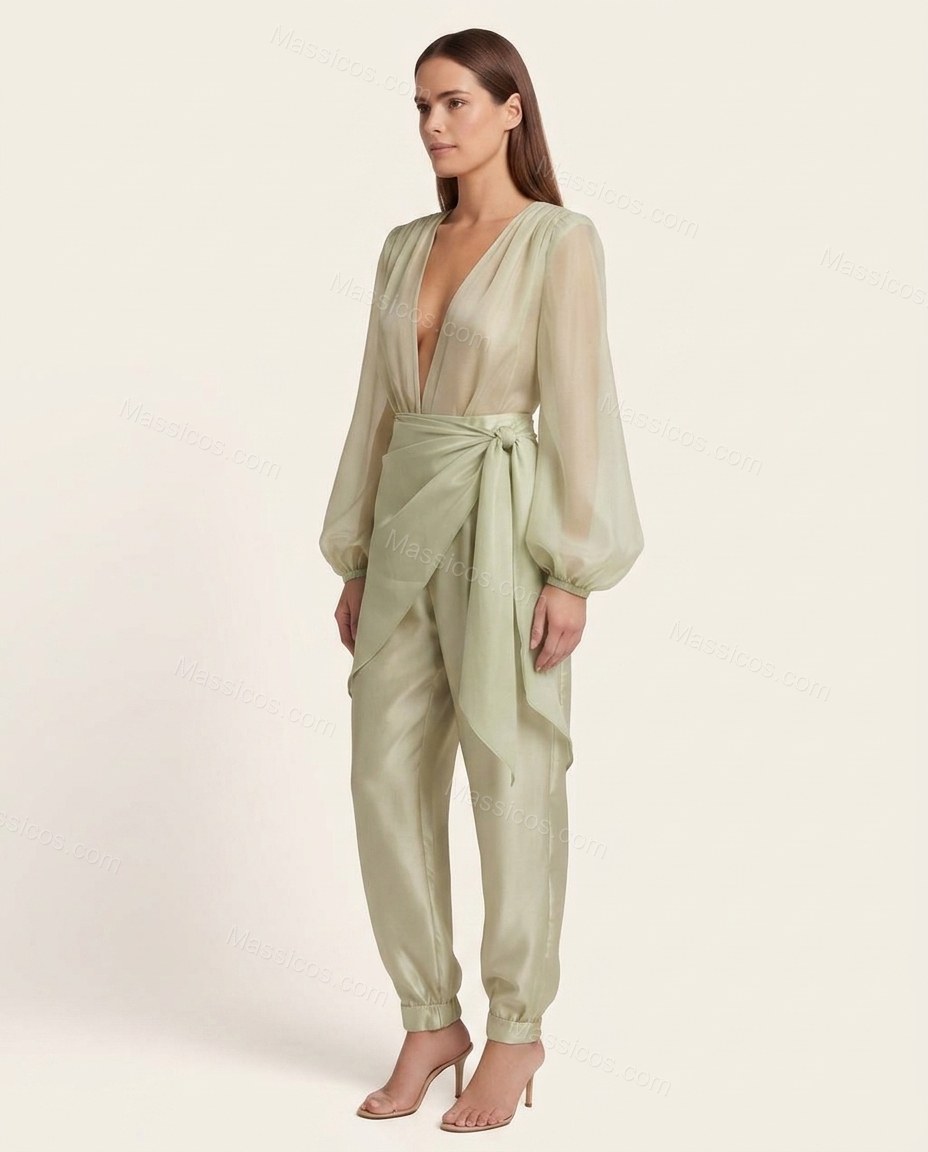 Sage Green Polished Sheer Jumpsuit by Massicos