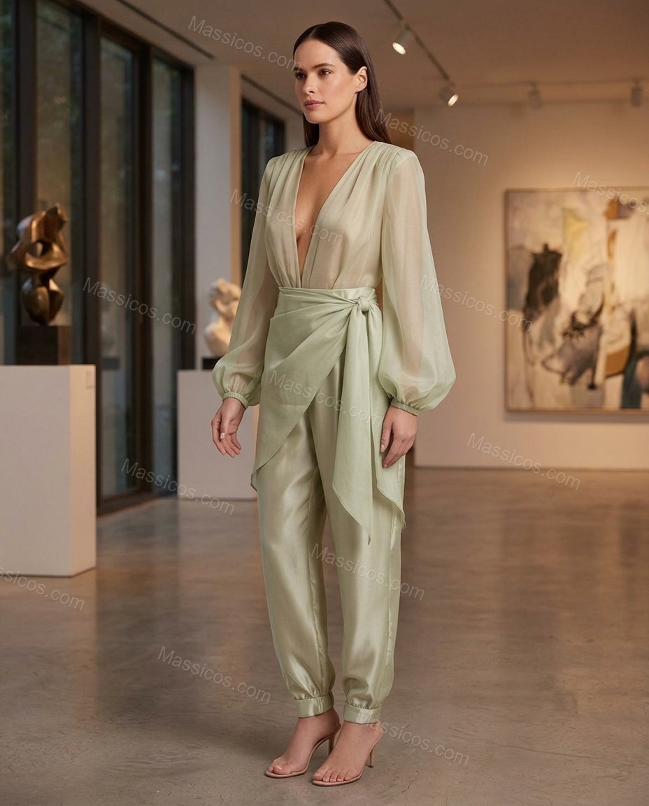 Sage Green Polished Sheer Jumpsuit by Massicos