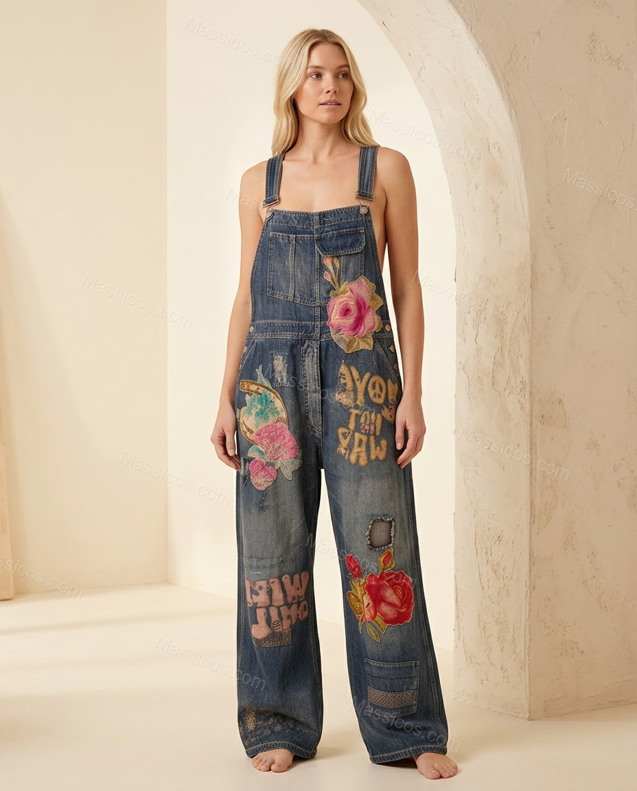 Blue Romantic Floral Embroidered Jumpsuit by Massicos