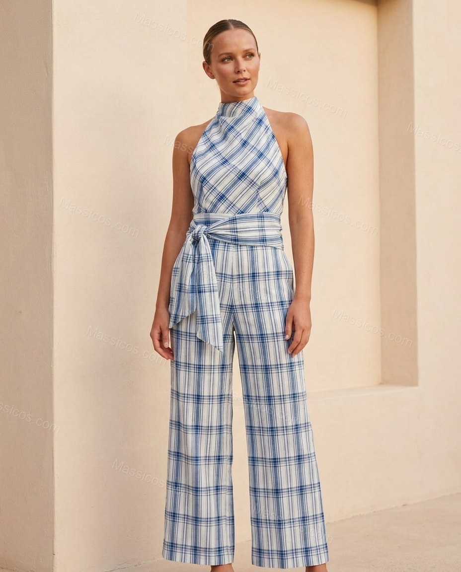 White Polished Textured Halter Jumpsuit by Massicos