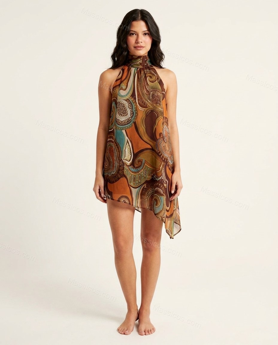 Brown Elevated Paisley Mini Dress by Massicos