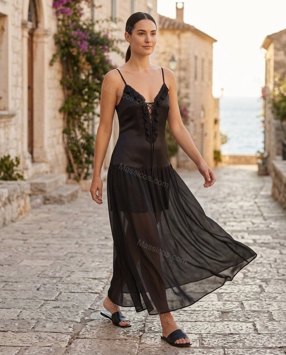 Black Polished Ruffled Midi Dress by Massicos