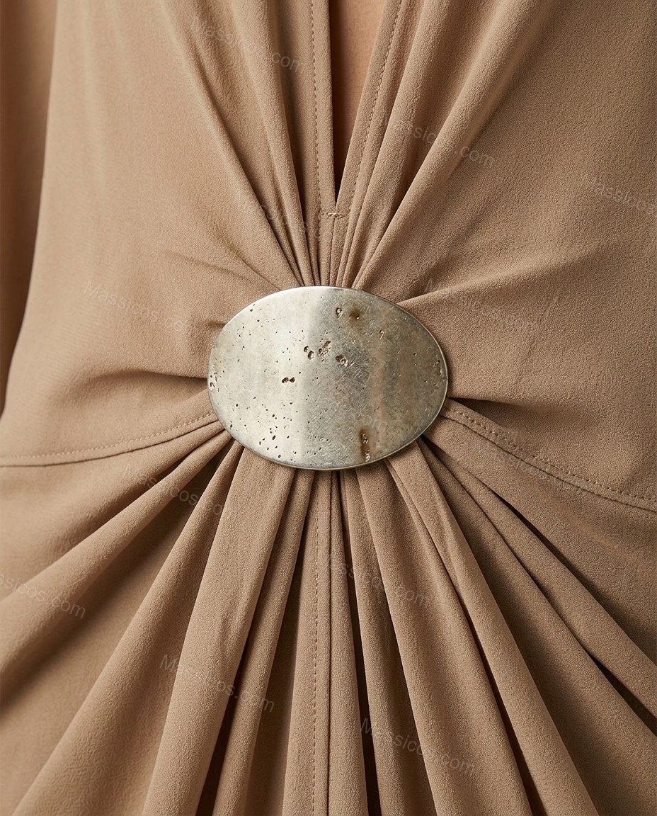 Tan Maxi Dress, close-up of front ring hardware, gathered waist and thigh-high slit, by Massicos