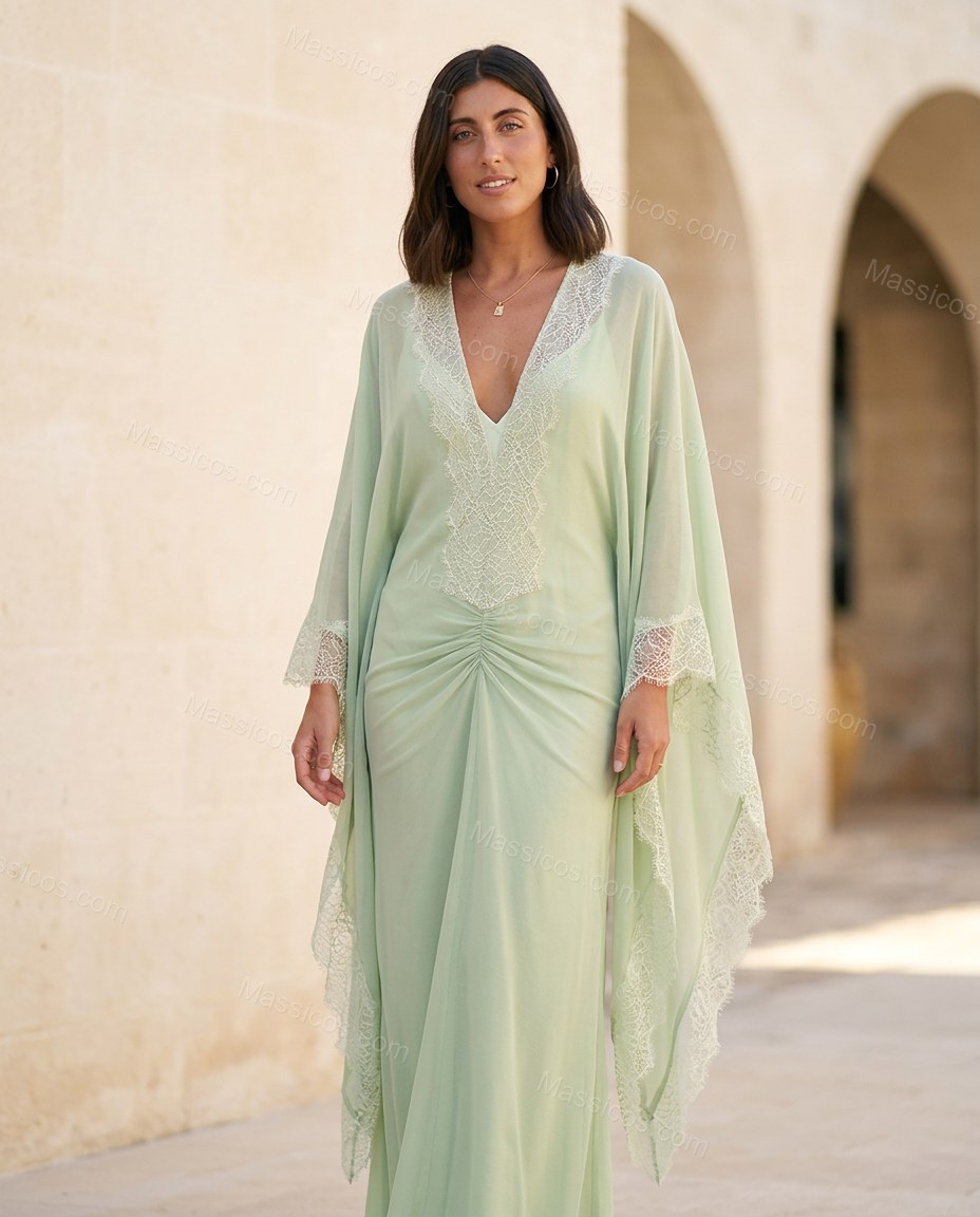 Light Green Maxi Chiffon Lace Dress, full-length hero view, by Massicos