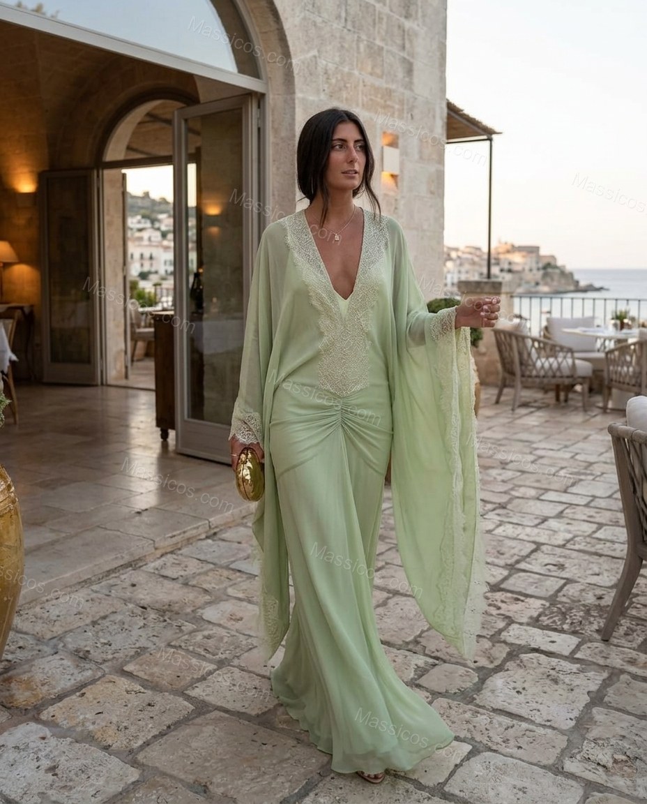 Light Green Maxi Chiffon Lace Dress, movement and fit lifestyle view, by Massicos