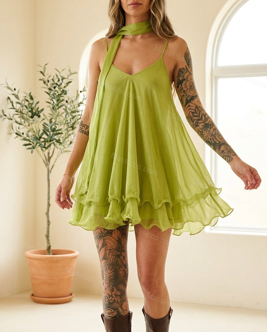 Green Romantic Tiered Mini Dress by Massicos